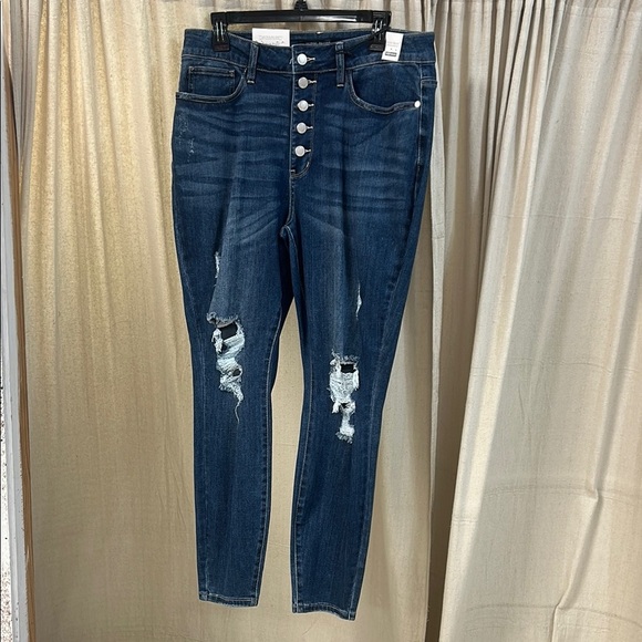 Dark Wash Button Fly Cuff Distressed Jeans - Judy Blue - Picture 1 of 6